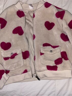No Boundaries Cream Teddy Jacket with Pink Heart Print
